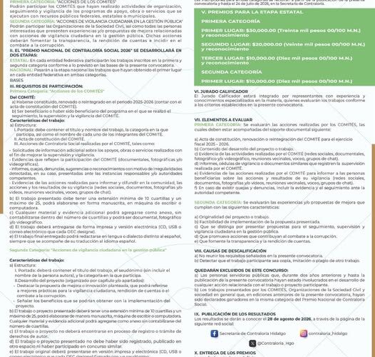 Abre Contraloría convocatoria para el Premio Nacional de Contraloría Social 2026 en Hidalgo